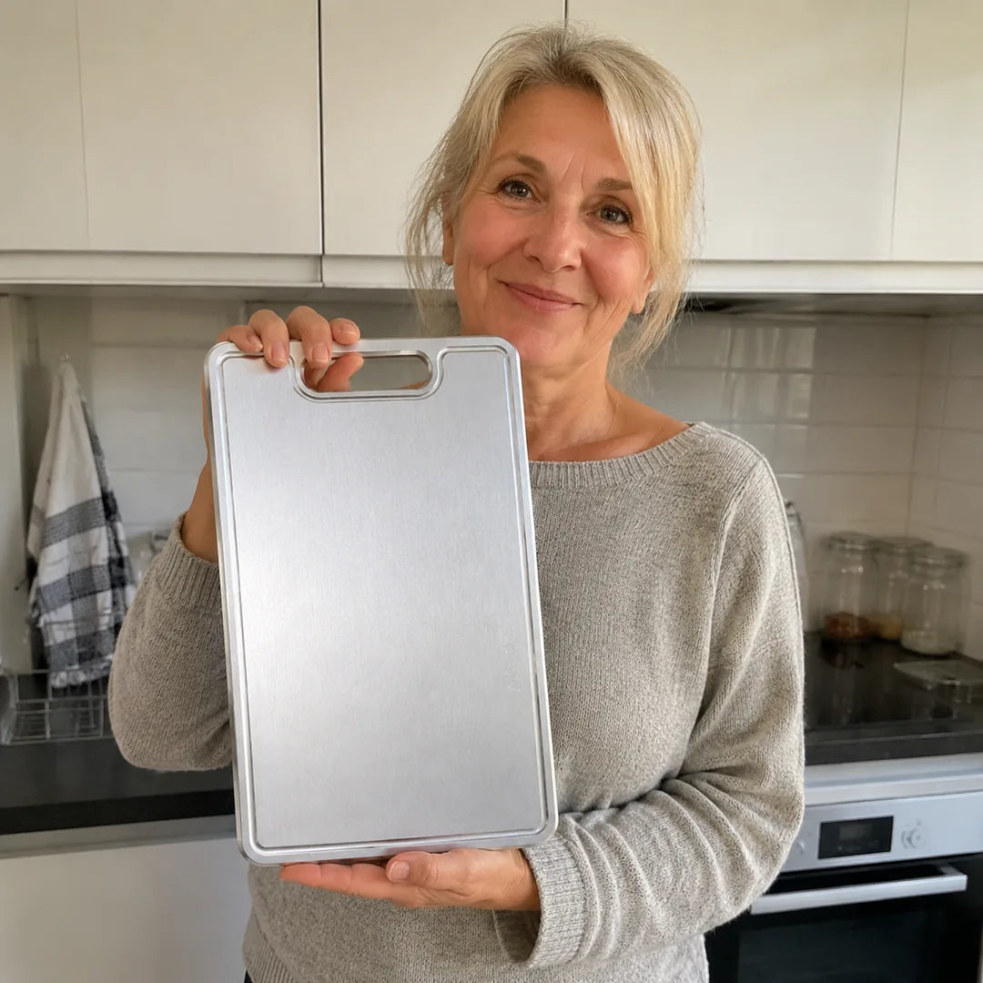 Une cliente française tient sa planche MIJOTA dans sa cuisine