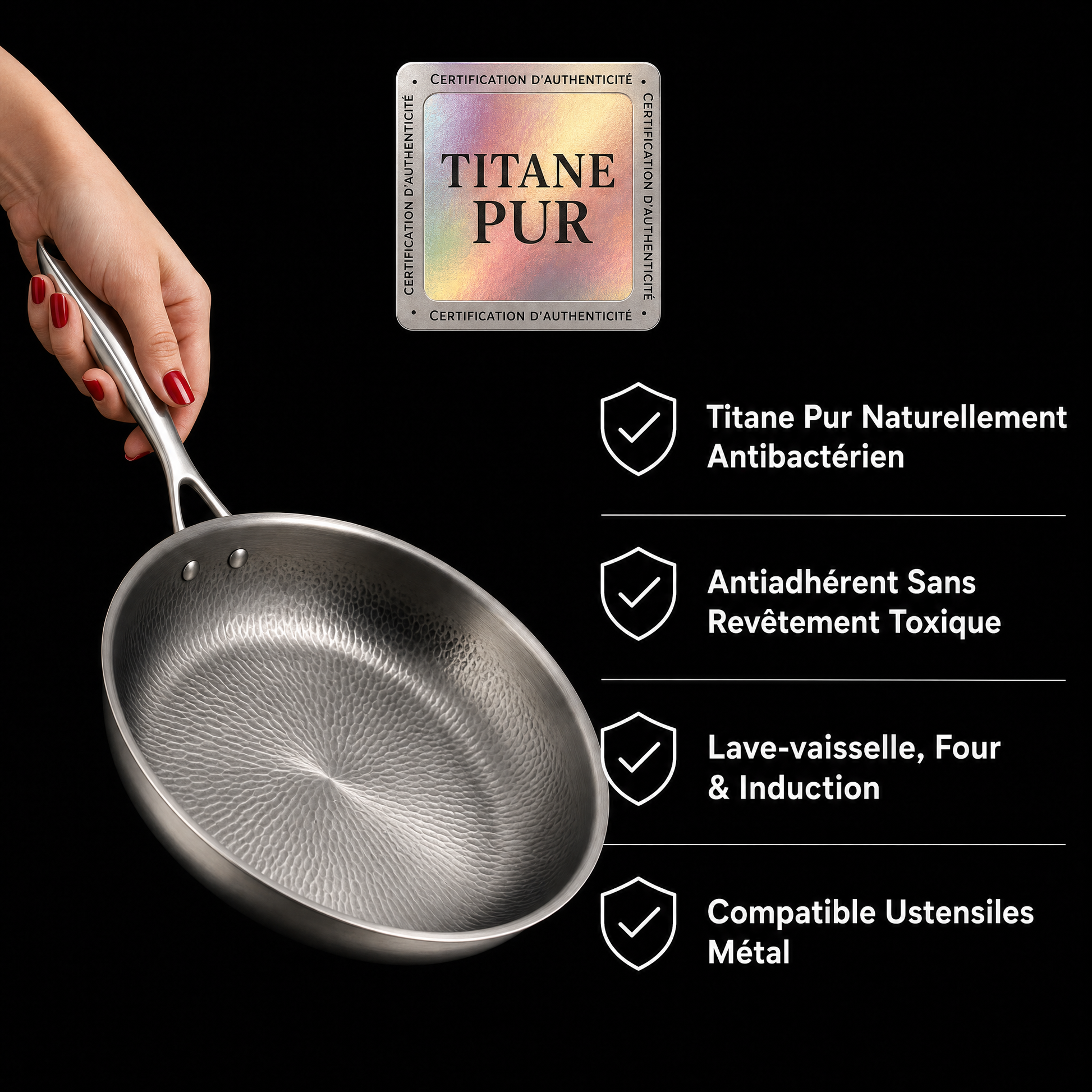 Poêle Titane Pro MIJOTA — Titane pur naturellement antibactérien, antiadhérent sans revêtement toxique, compatible lave-vaisselle four induction et ustensiles métal