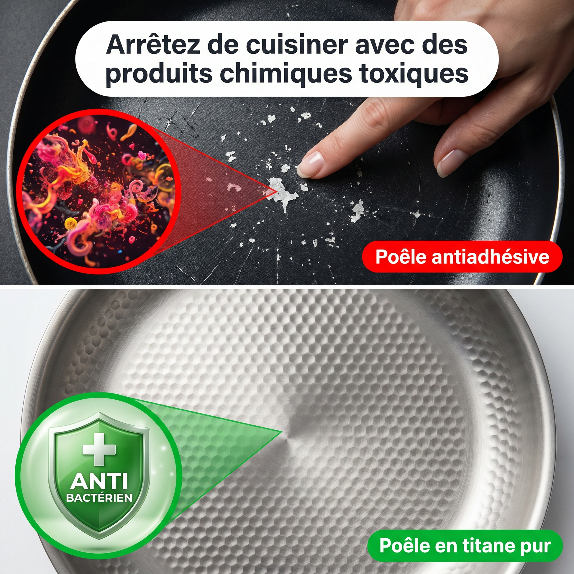 Comparaison MIJOTA — poêle antiadhésive PFAS vs poêle titane pur. Arrêtez de cuisiner avec des produits chimiques toxiques.