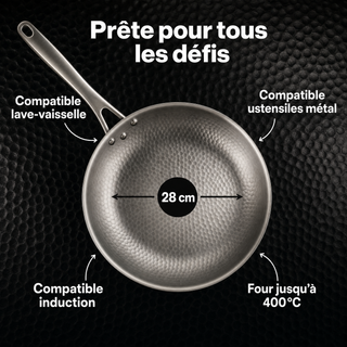Compatibilité poêle MIJOTA 28 cm — lave-vaisselle, ustensiles métal, induction, four jusqu à 400°C
