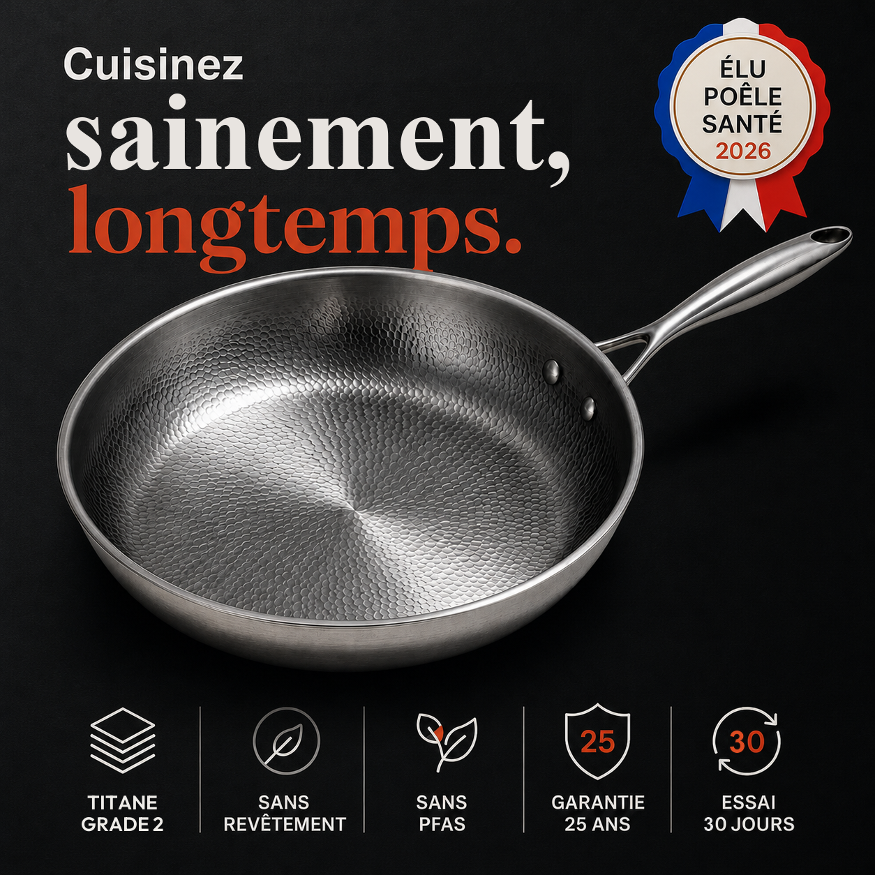 Poêle MIJOTA Titane 3X™ : surface de cuisson en titane grade 2, sans revêtement, sans PFAS, garantie 25 ans, essai 30 jours