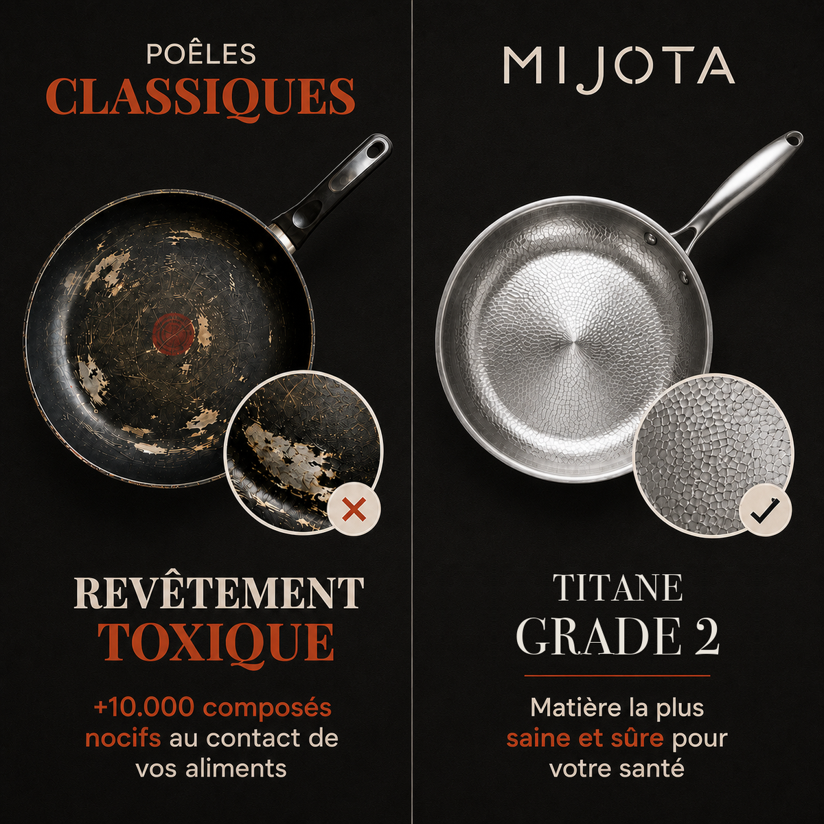 Comparatif : revêtement antiadhésif écaillé d’une poêle classique face à la surface de cuisson en titane grade 2 MIJOTA