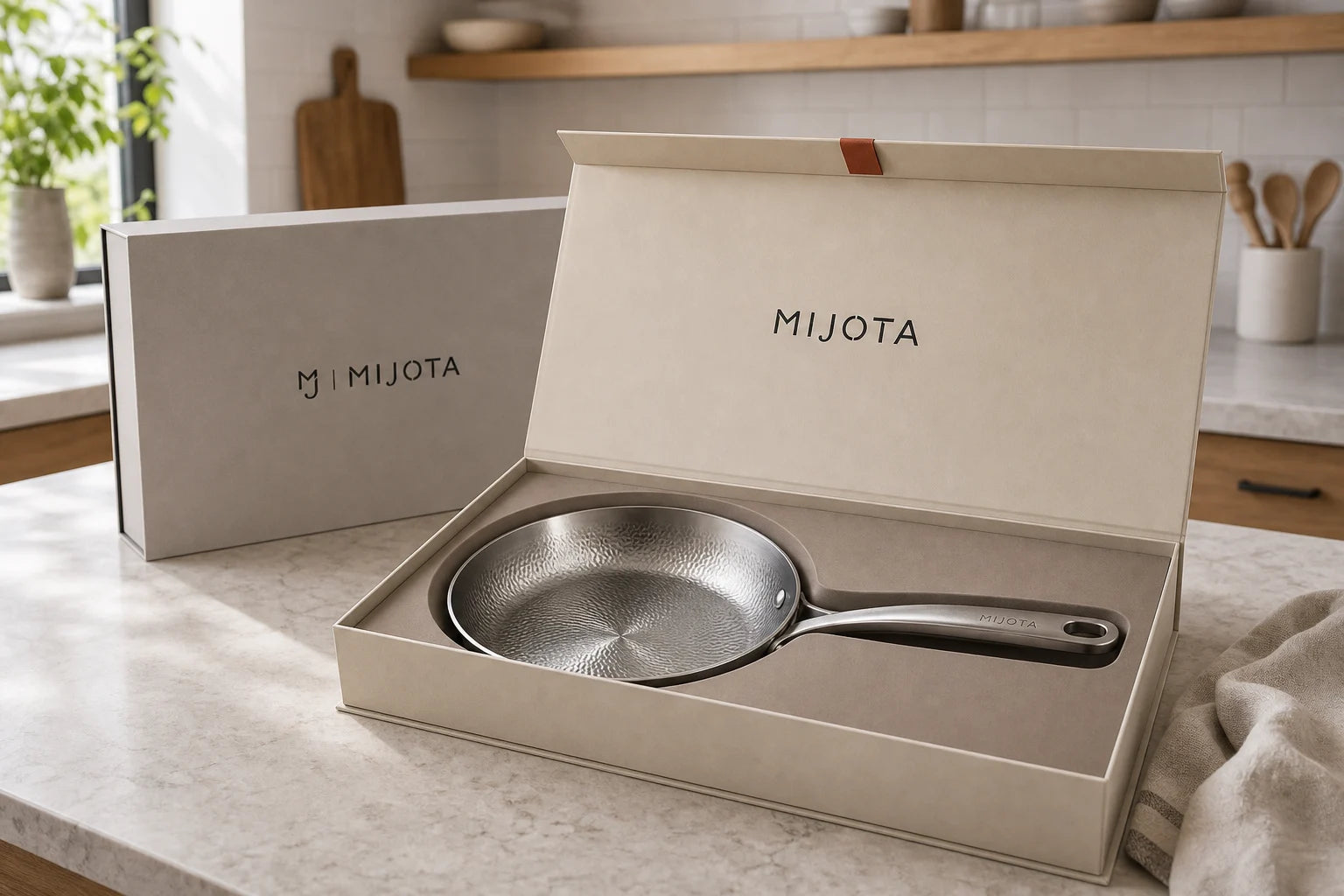 Poêle MIJOTA dans son packaging premium, posée dans une cuisine française