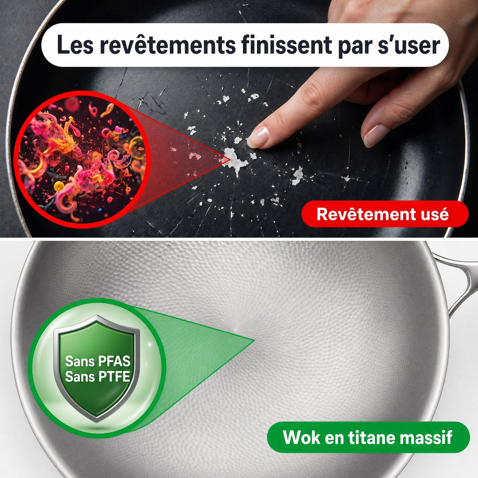 Comparaison entre revêtement usé et wok MIJOTA Titane 3X