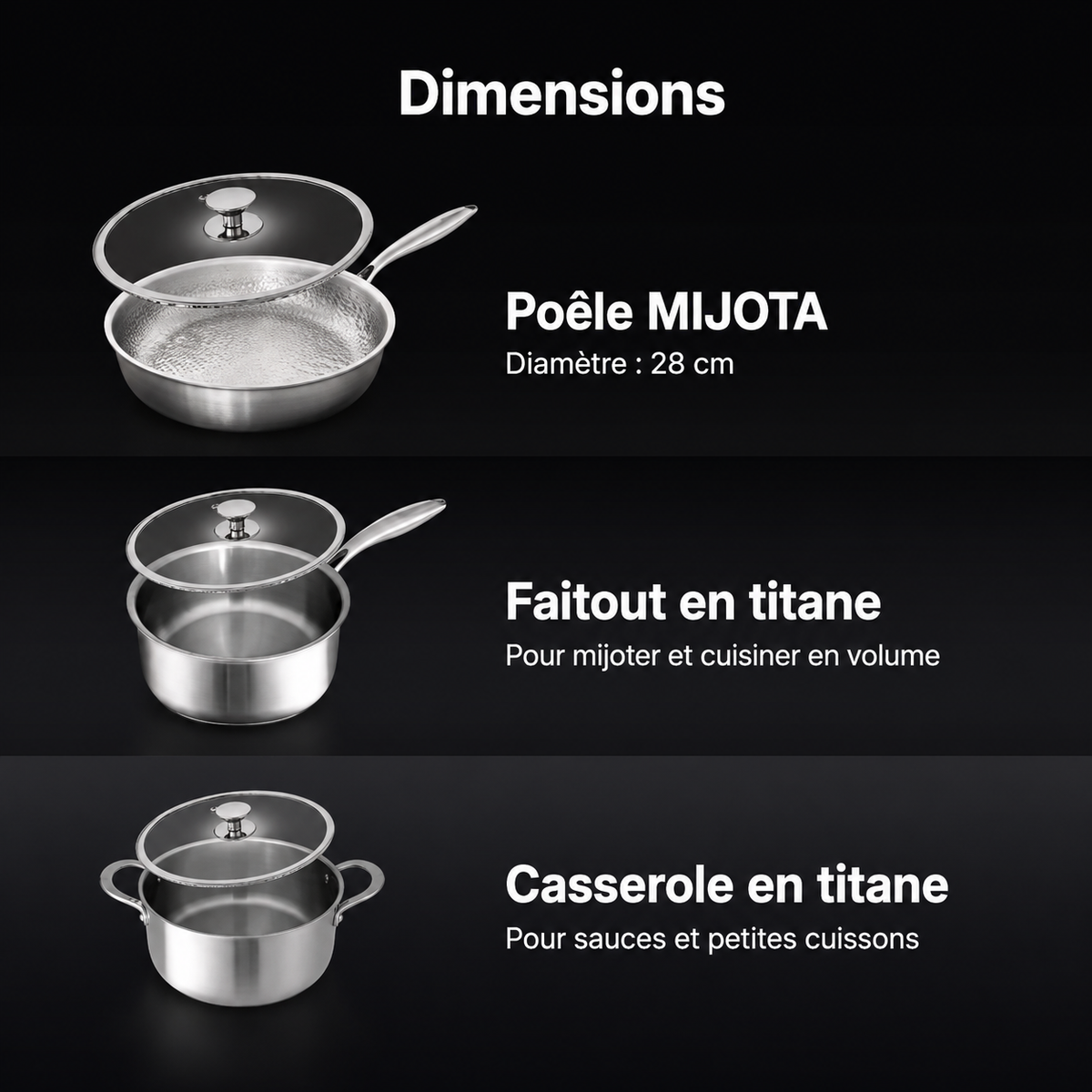 Dimensions des pièces de la batterie MIJOTA 6 pièces