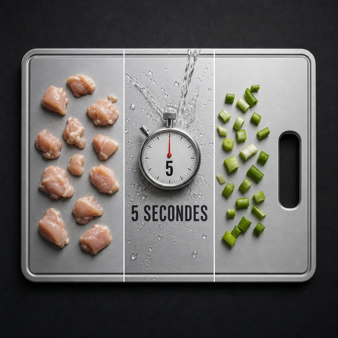 La même planche MIJOTA en trois temps : poulet cru, rinçage, légumes