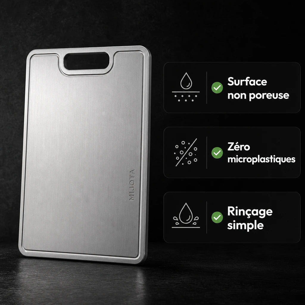 Bénéfices clés de la planche titane MIJOTA : surface non poreuse, zéro microplastiques et rinçage simple