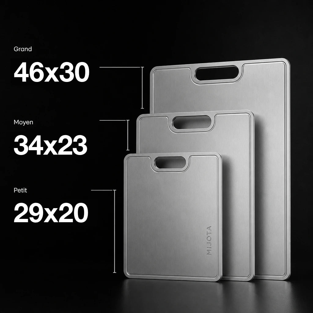 Dimensions des trois tailles de planche titane MIJOTA : 29x20, 34x23 et 46x30