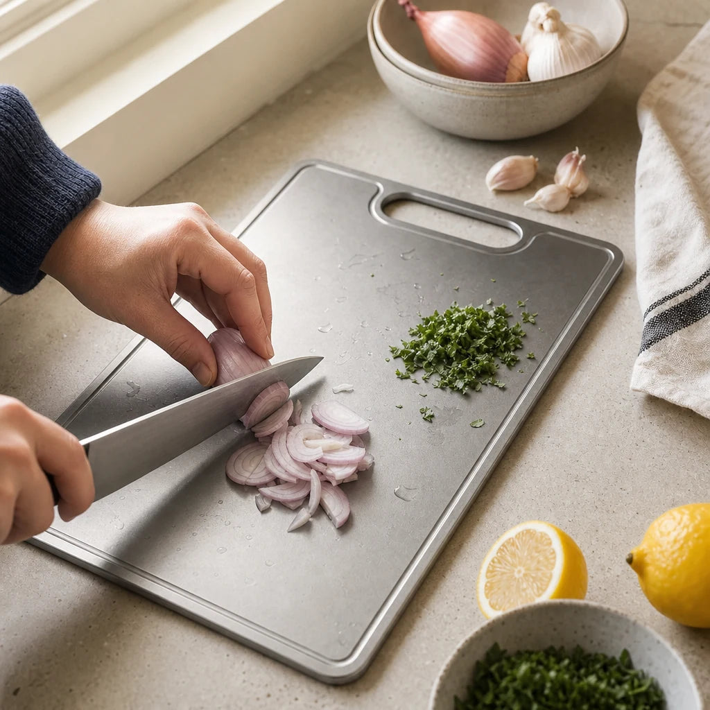 Planche titane MIJOTA utilisée pour une préparation quotidienne avec échalote, herbes et citron