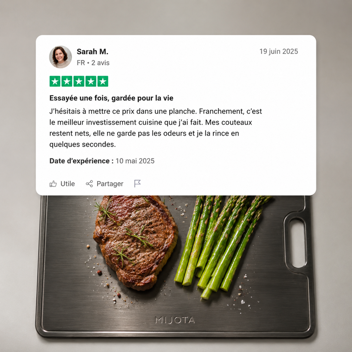 Avis client en français sur la planche titane MIJOTA utilisée avec steak et asperges
