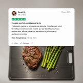 Avis client en français sur la planche titane MIJOTA utilisée avec steak et asperges