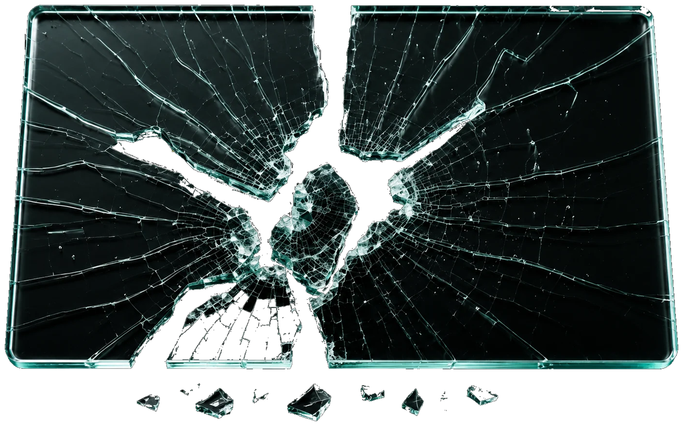 Planche en verre cassée avec fissures radiales et éclats