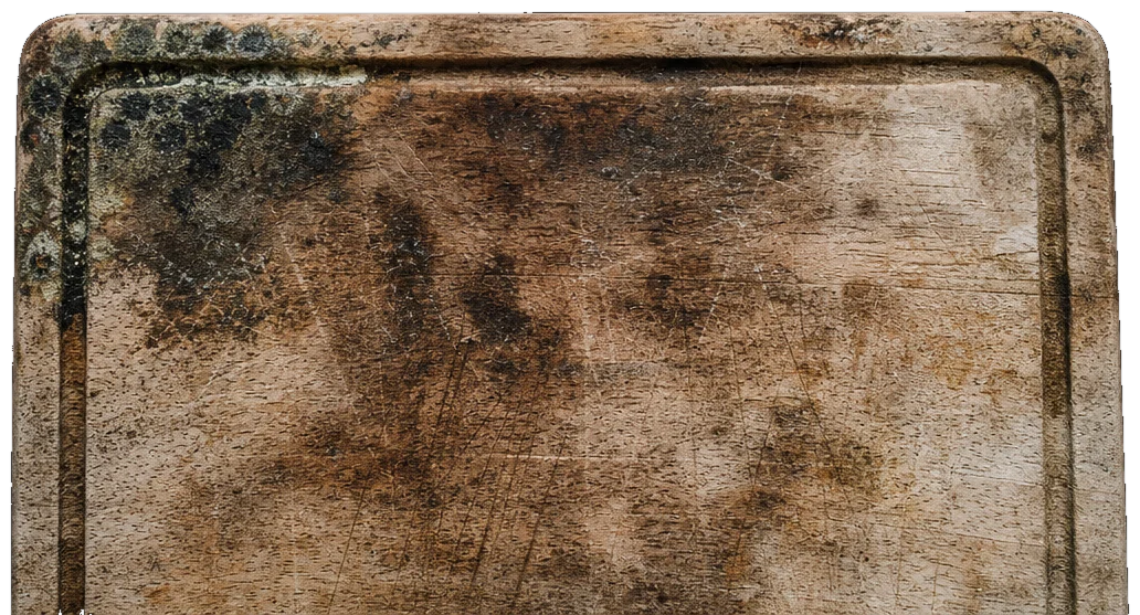 Planche en bois tachée avec traces d'humidité et moisissure dans les rainures