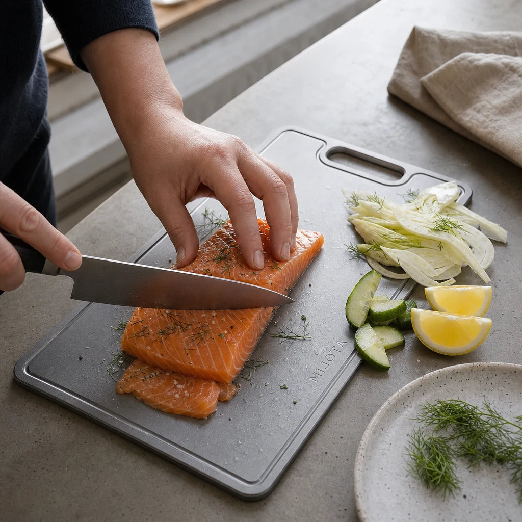 Préparation de saumon, citron, aneth et fenouil sur la planche titane MIJOTA