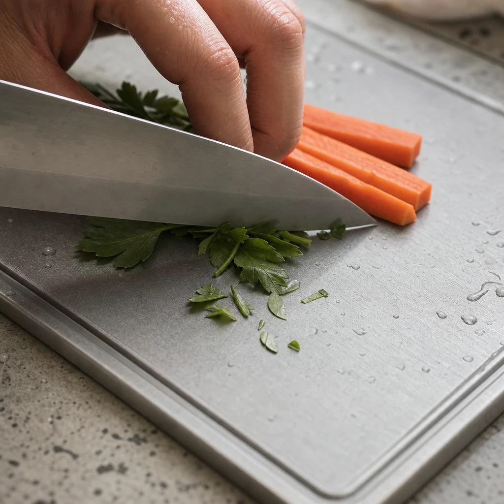 Gros plan d'un couteau coupant des herbes sur la planche titane MIJOTA