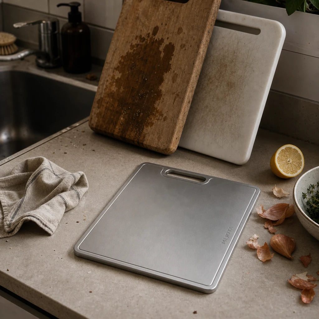 Planches en plastique et en bois usées mises de côté face à la planche titane MIJOTA