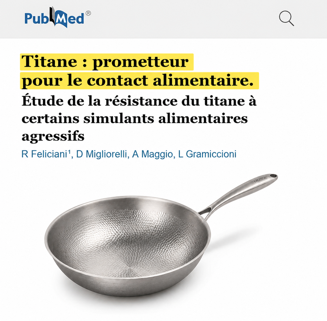 Article scientifique en français sur le titane et le contact alimentaire, illustré par le wok MIJOTA
