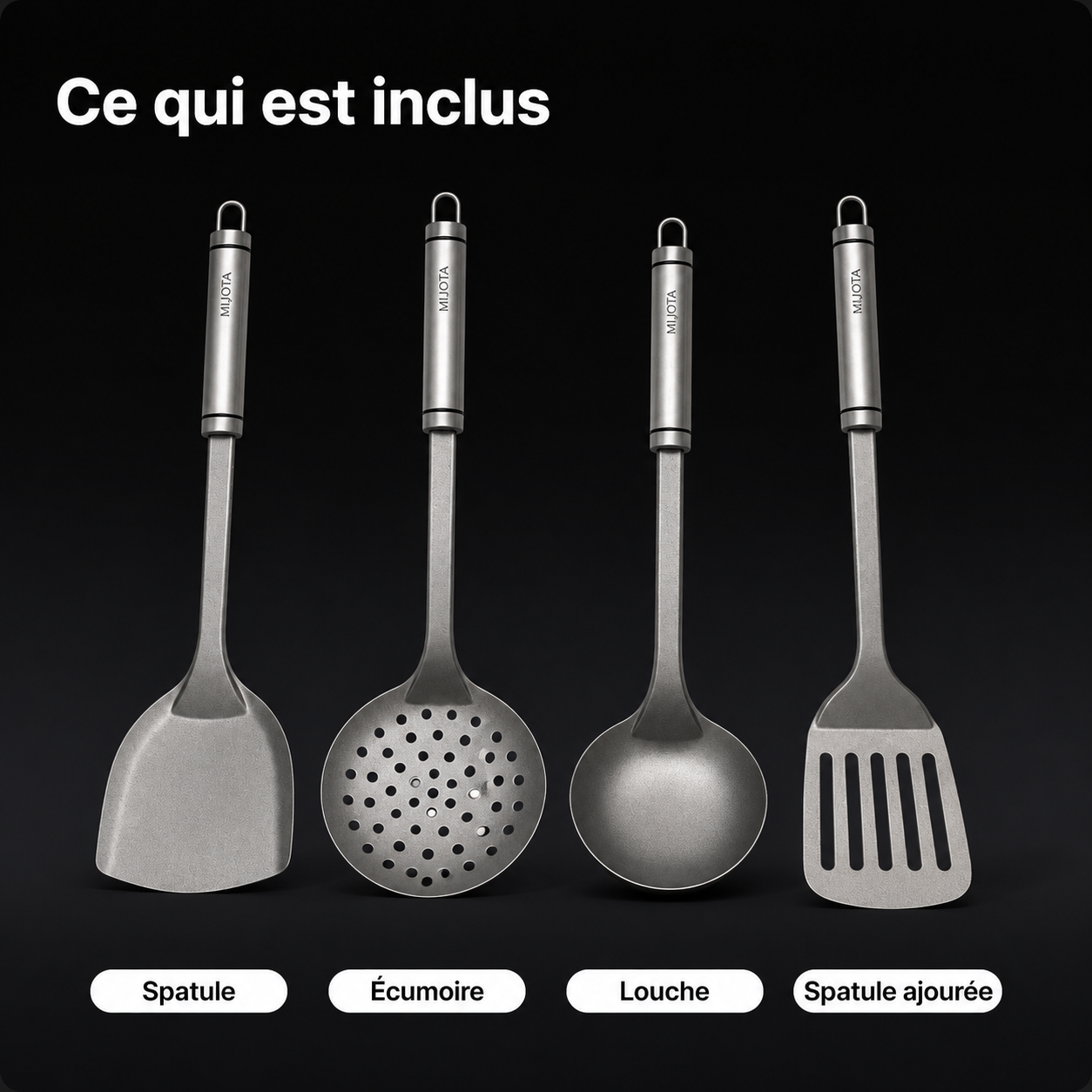 Les quatre ustensiles en titane inclus dans le set MIJOTA