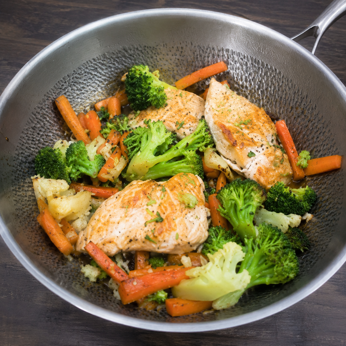 Saumon et légumes cuits dans le wok MIJOTA en titane martelé