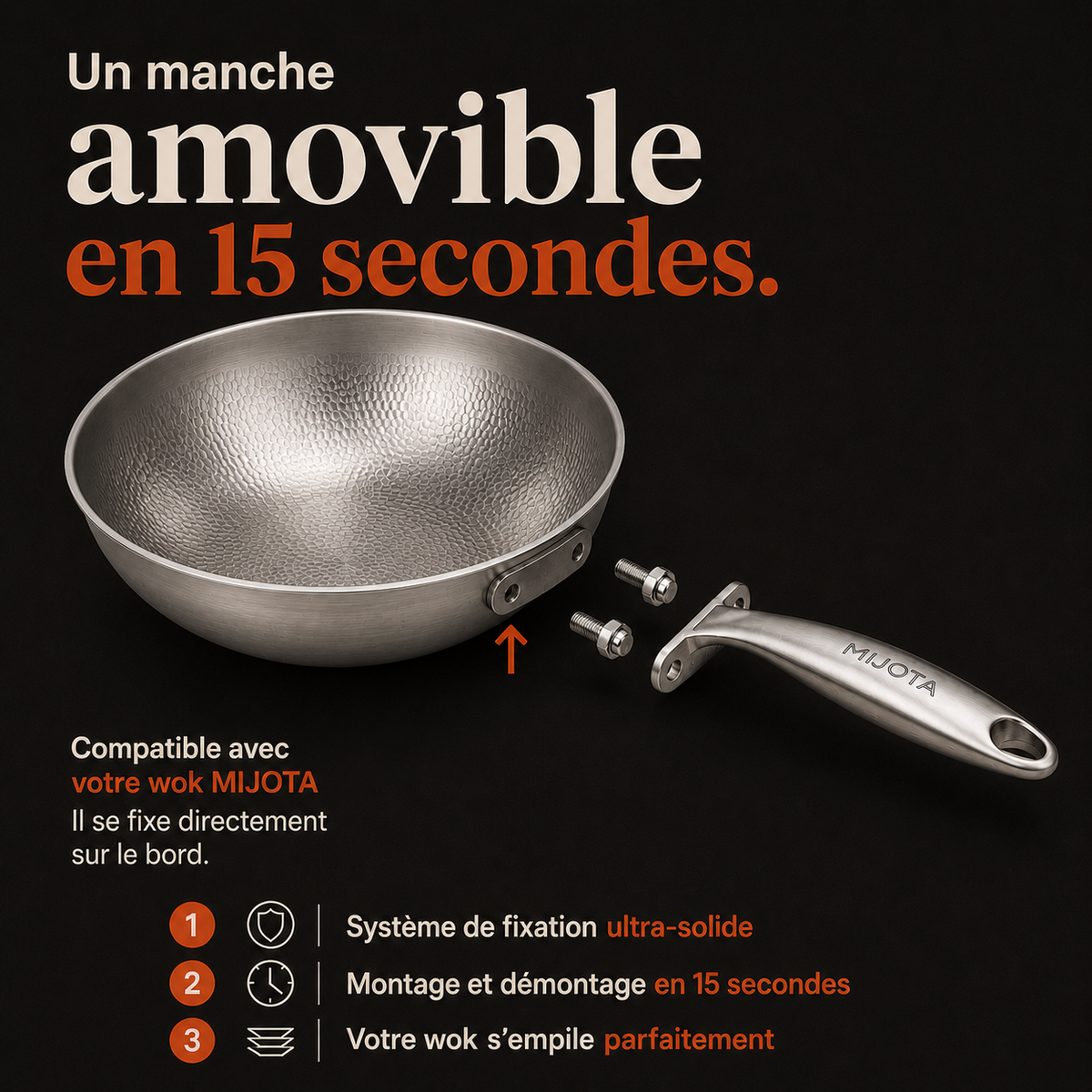 Manche amovible et fixation du wok MIJOTA