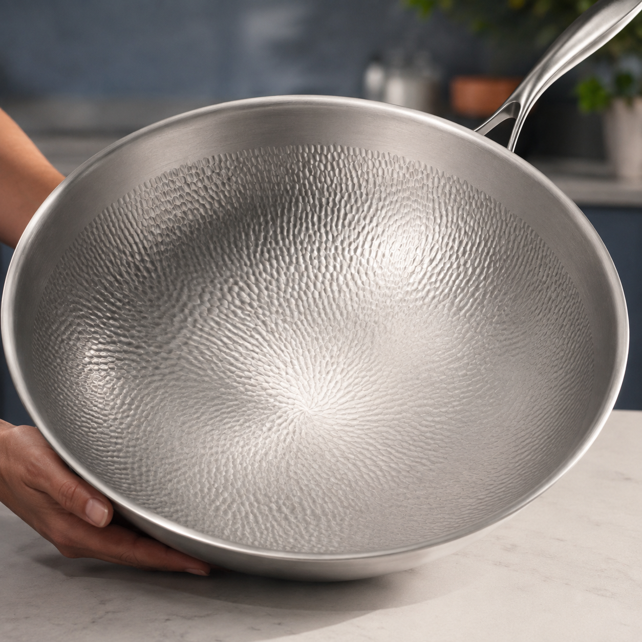 Gros plan du wok MIJOTA Titane 3X et de sa surface martelée
