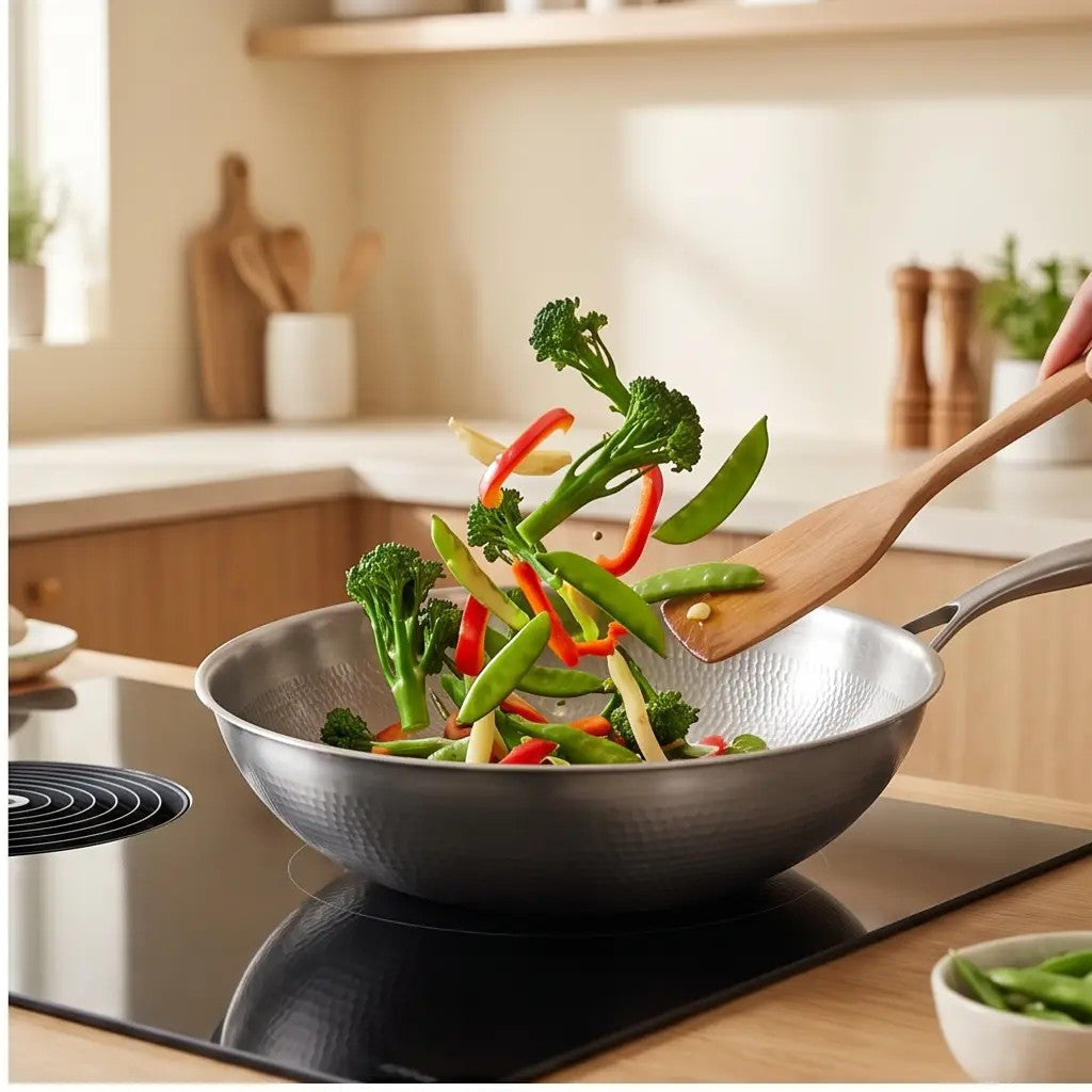 Wok MIJOTA en cuisson avec des légumes dans une cuisine